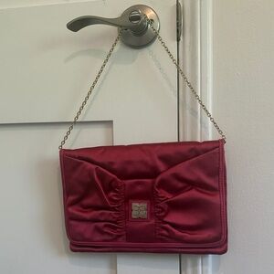 BCBGMaxAzria Satin Clutch in Deep Berry with Gold Chain